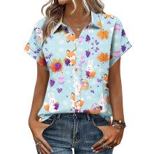 Women's Button-Down Shirts, Short Sleeve, V-Neck,-Sky Blue L