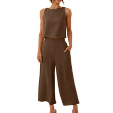 Women's Linen Two-Piece Set with Wide-Leg Capri Pants