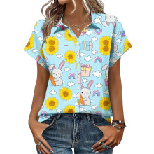 Women's Button-Down Shirts, Short Sleeve, V-Neck,-Yellow XL