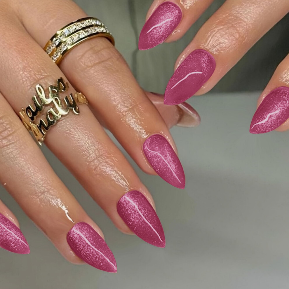 Sxvme Hot Pink Nails Press On, Neon Cat Eye Press On Nails Medium Almond Shaped, Glitter Glue On Nails Short Fake Nails, Thick Acrylic False Nails, Gl