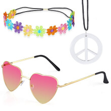 (Style 2) Costume da Halloween/Carnevale Hippie con occhiali da sole, cerchietto con coroncina di fiori e collana con la scritta "Pace"