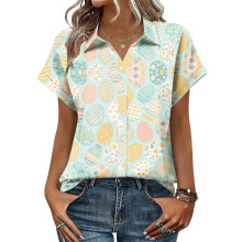 Women's Button-Down Shirts, Short Sleeve, V-Neck,-Beige S