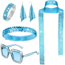 (Sky Blue 1) Set di gioielli da donna anni '70 con paillettes, orecchini, sciarpa, occhiali da sole, bracciale e fascia per capelli.