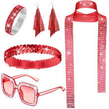 (Red 1) Set di gioielli da donna anni '70 con paillettes, orecchini, sciarpa, occhiali da sole, bracciale e fascia per capelli.