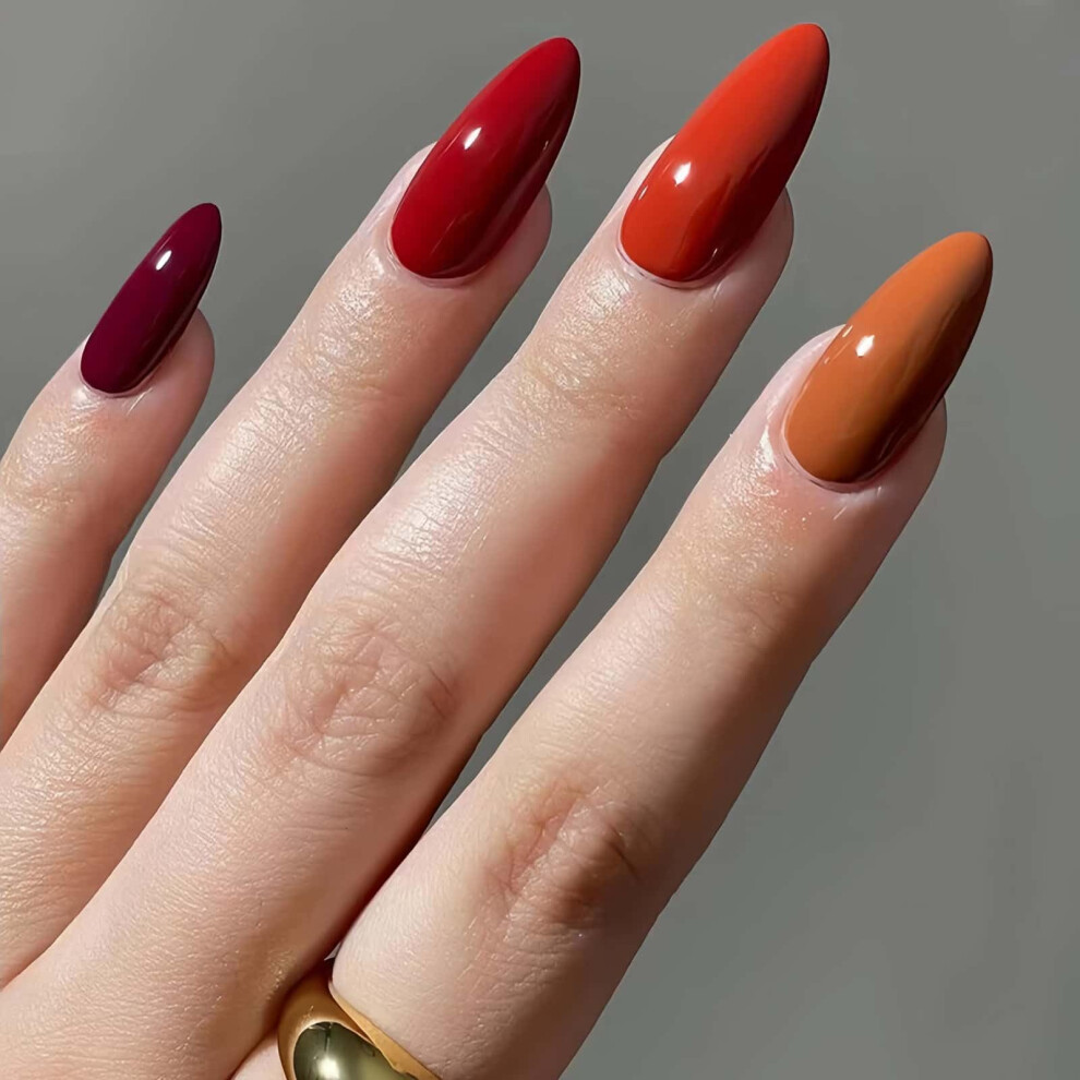 Clyhltmz 24 Pcs Press On Nails Short Almond Wine Red Gradually Changes Fake Nails Full Cover Opaque Reusable Acrylic Glue On Nails Removable Stick On Nails 12