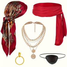 (Set 3) Set costume da pirata per Halloween: maschera con pendente, foulard, orecchini, bracciale di Capitan Jack e accessori a forma di teschio.