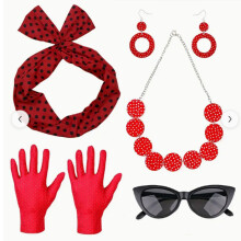 (Set 13) Vintage Ball Party Polka Dot Headband Black Cat Glasses Solid Silk Scarf Pearl Necklace Bracelet Earring Set