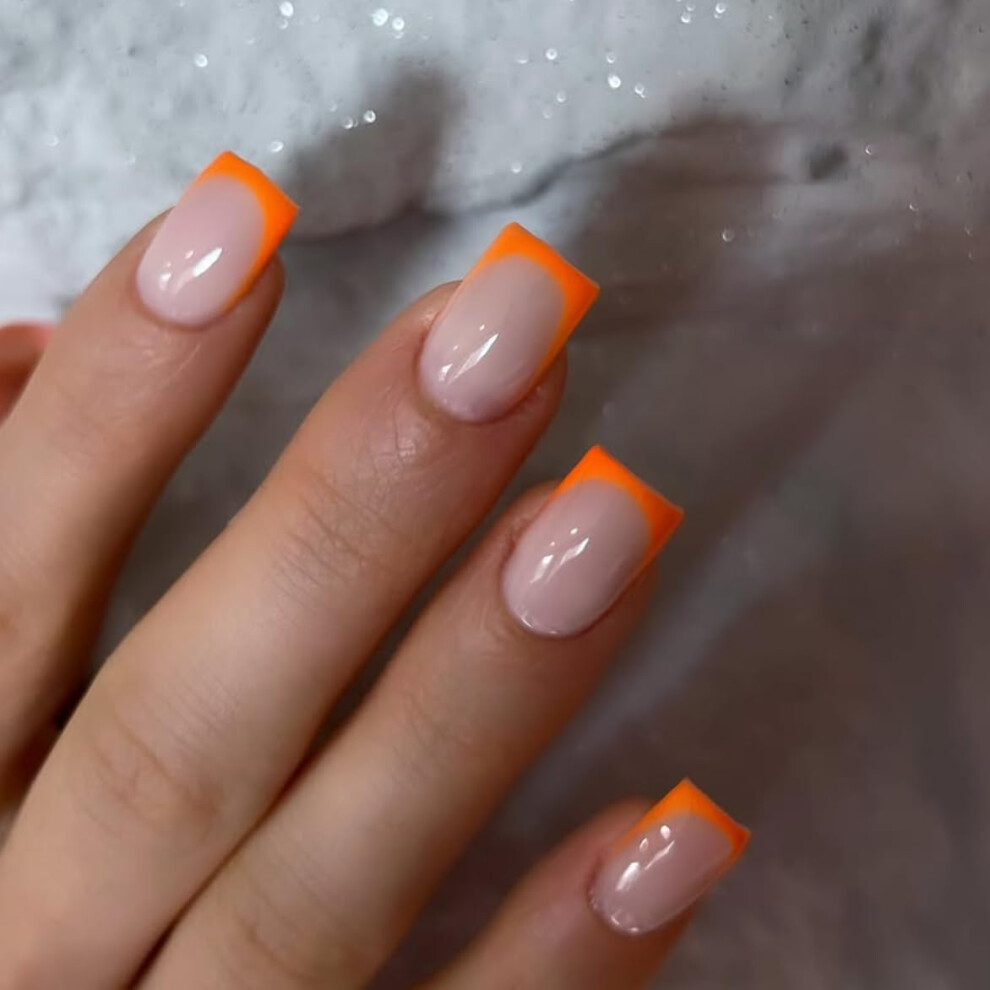 Sxvme Cream 30 Pcs Orange French Tip Press On Nails Short Square, Acrylic Fake Nails Press Ons With Glue, Small Coffin Acrylic Natural Nude Glue On Nails Fo