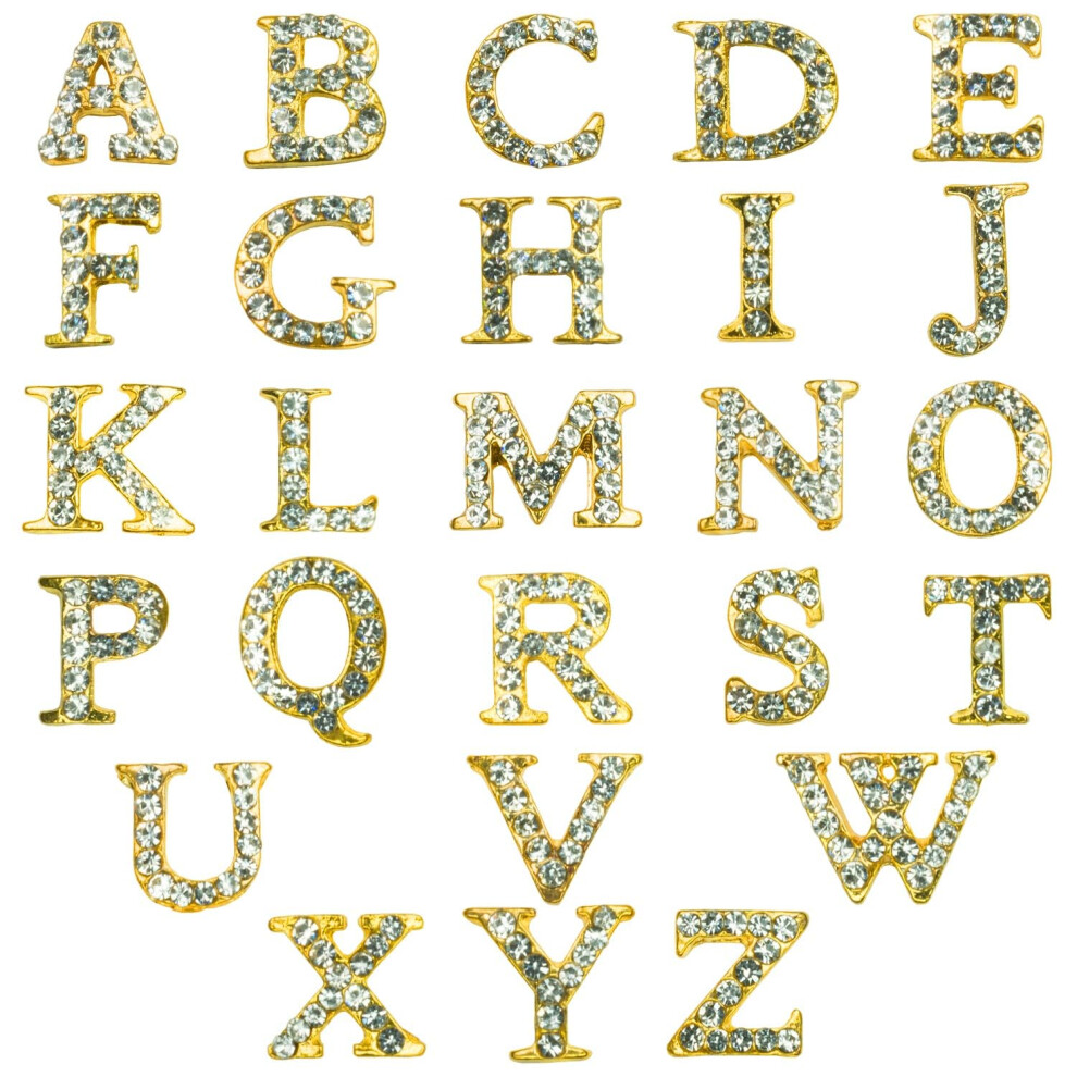 Qiipii Gold/Golden 26Pcs Luxury Letter Nail Charms 3D Nail Art Alloy Rhinestones Capital Letters Metal Nail Studs Alphabet En Nail Art Supplies Decoratio