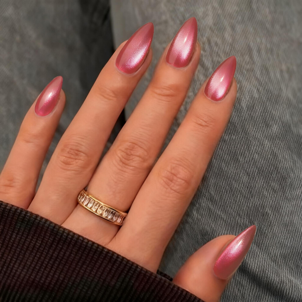 Sxvme Pink Cat Eye Dark Press On Nails Medium Almond Shaped - 30 Pcs Stiletto Fake Nails Acrylic Press Ons, Natural Fit, Opaque Glitter Chrome Gel Nai