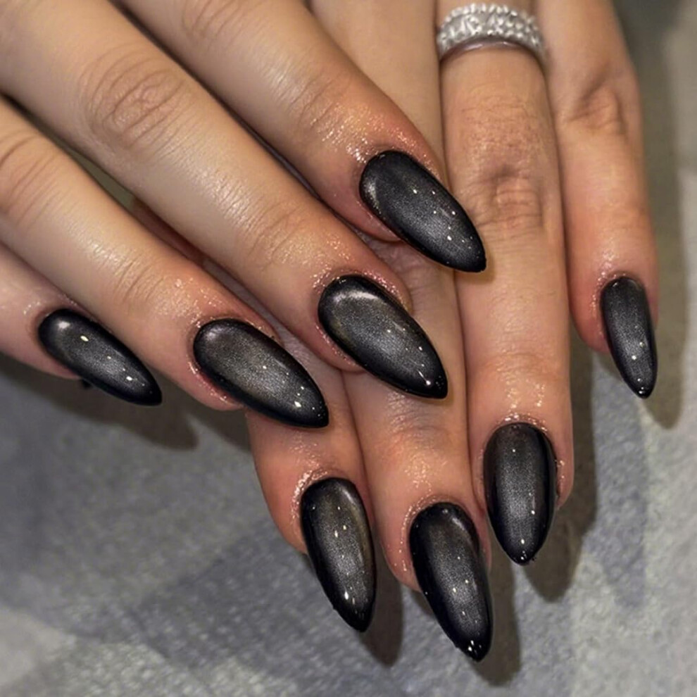 Sxvme Black Cat Eye Press On Nails Medium Almond Shaped - 30 Pcs Stiletto Fake Nails Acrylic Press Ons, Natural Fit, Opaque Glitter Chrome Gel Nails S