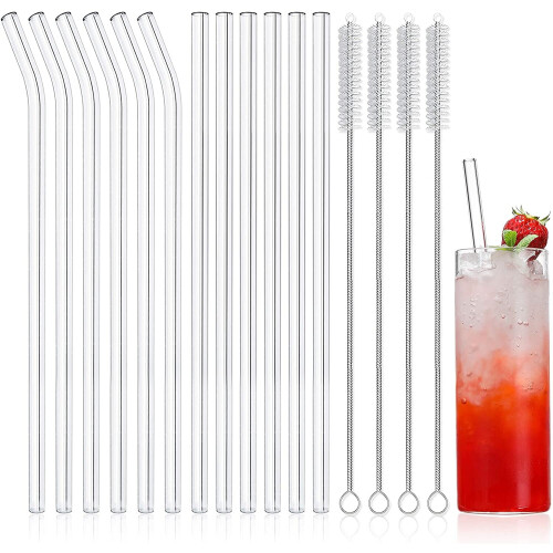 Wiederverwendbare Glasstrohhalme, Set gerade und gebogen, 12er-Packung