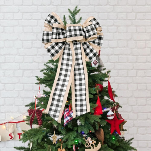 Sort og hvid Buffalo Plaid julesløjfe 30 cm