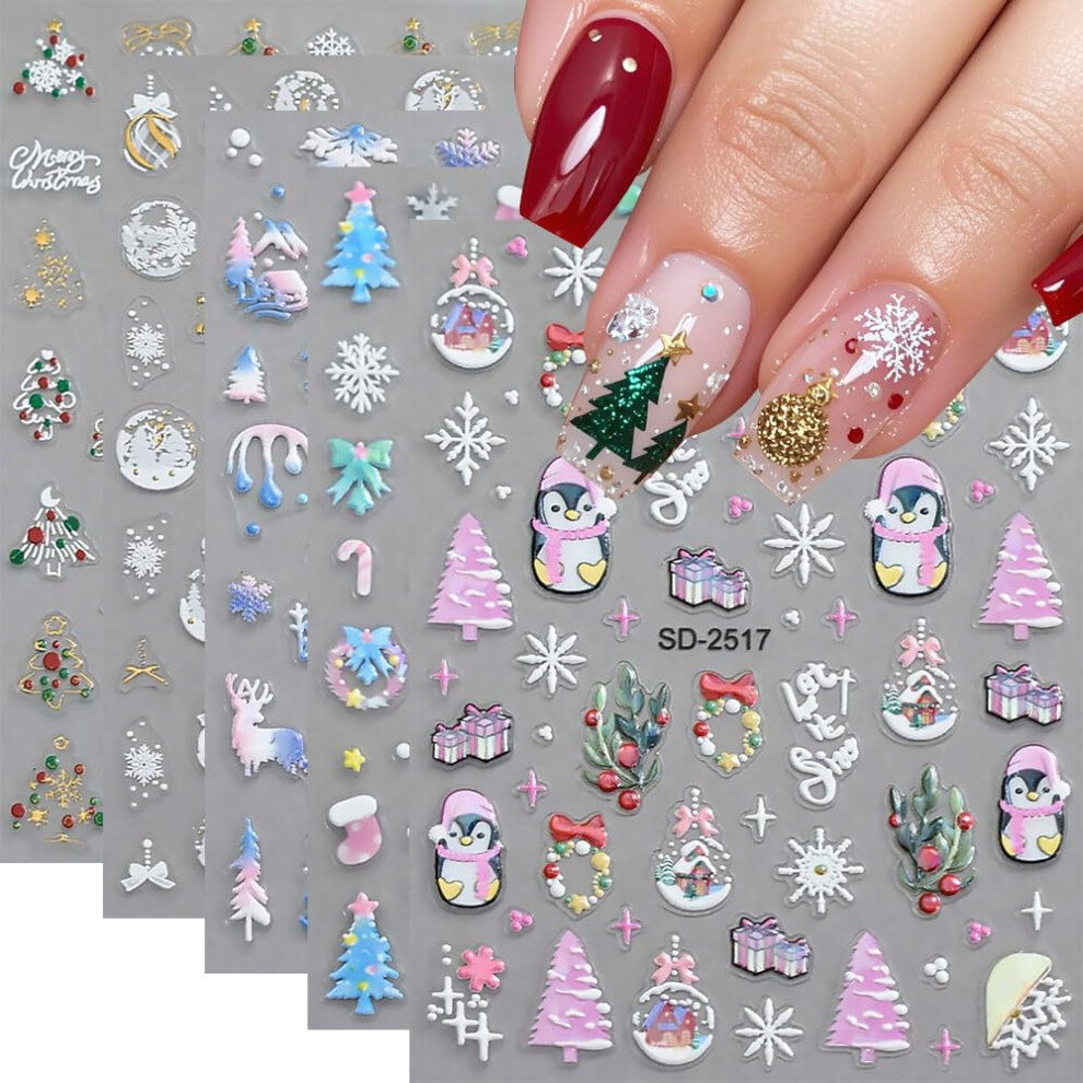 Qdsuh Pink/White Christmas Nail Stickers, 5D Embossed Snowflake Nail Decals Holly Leaf Snowflake Reindeer Penguin Bell Xmas Tree Winter Nail Design Holiday