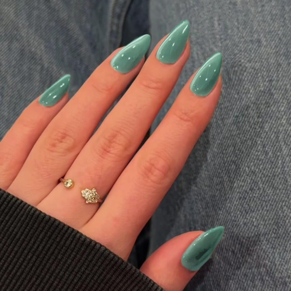 Sxvme Blue Cat Eye Teal Press On Nails Medium Almond Shaped - 30 Pcs Stiletto Fake Nails Acrylic Press Ons, Natural Fit, Opaque Glitter Chrome Gel Nai