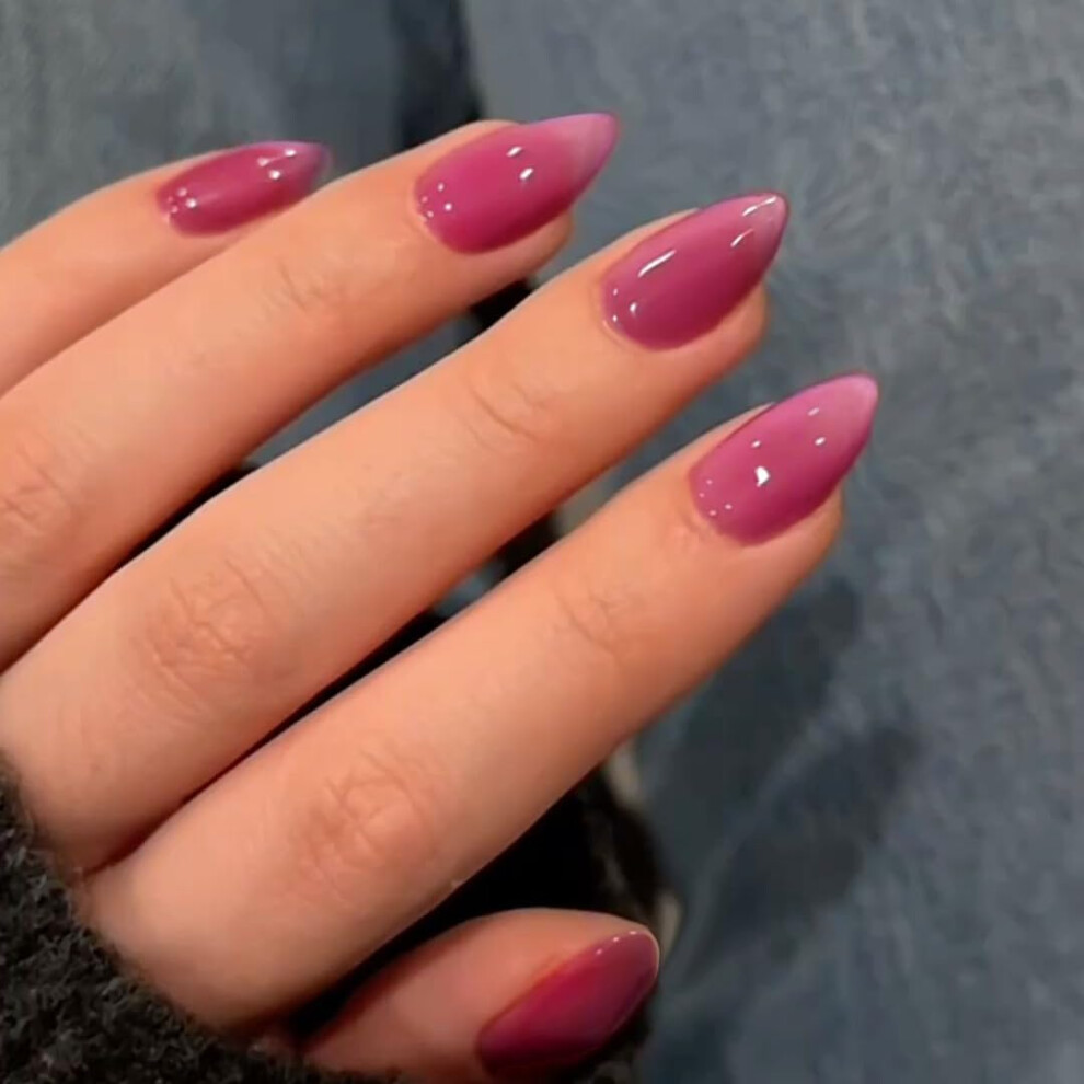 Sxvme Pink Cat Eye Hot Press On Nails Medium Almond Shaped - 30 Pcs Stiletto Fake Nails Acrylic Press Ons, Opaque Glitter Chrome Gel Nails Stick On, S