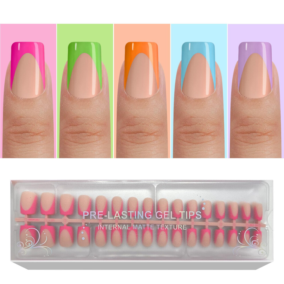 Jsiallye Deep French Tip Press On Nails,Multicolo French Press On Nails Short Square,No Need To File 4 In 1 Gel Nail Tips Pre-Lasting,Soak Off False N
