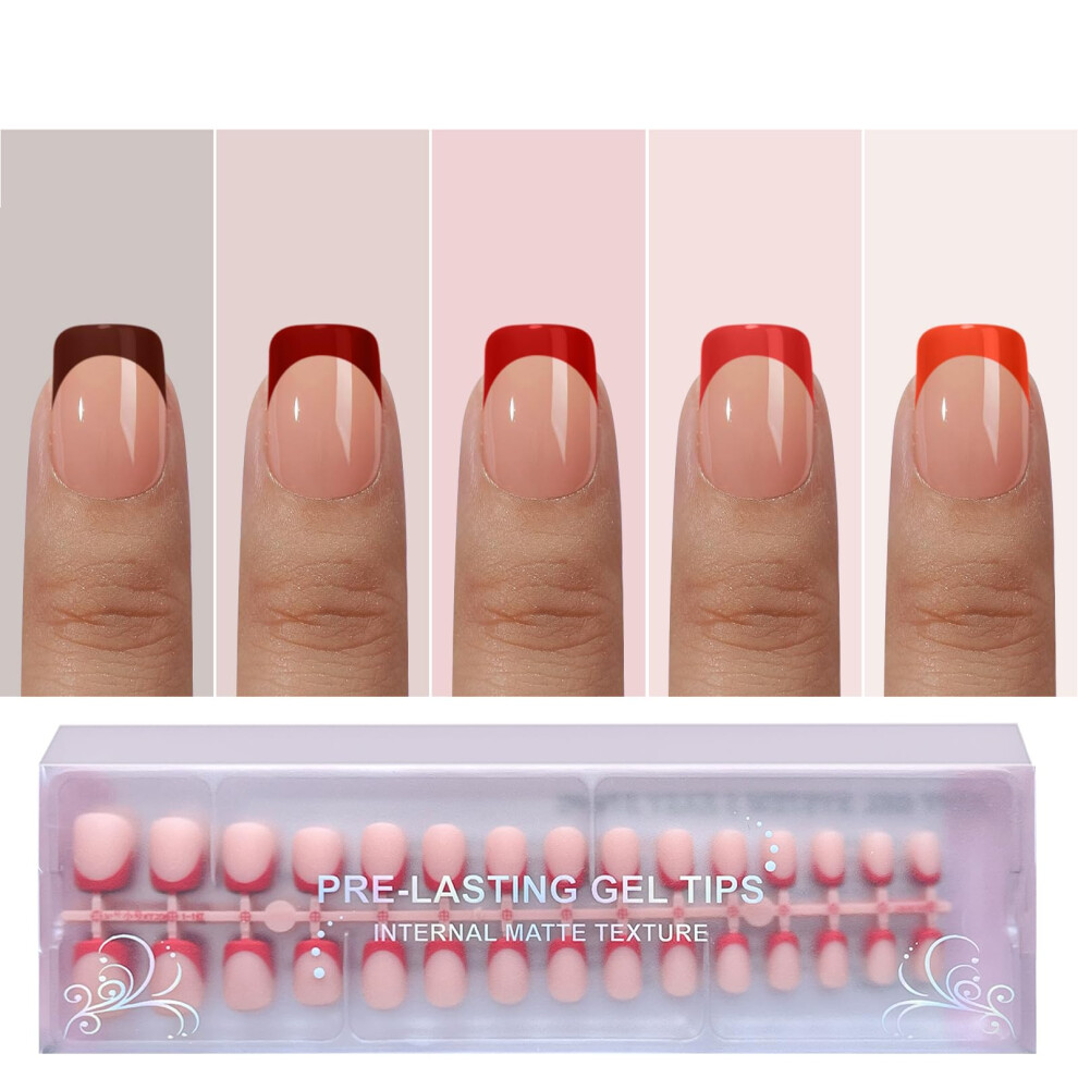 Jsiallye Red French Tip Press On Nails,150Pcs French Press On Nails Extra Short Square,No Need To File 4 In 1 Gel Nail Tips Pre-Lasting,Soak Off False