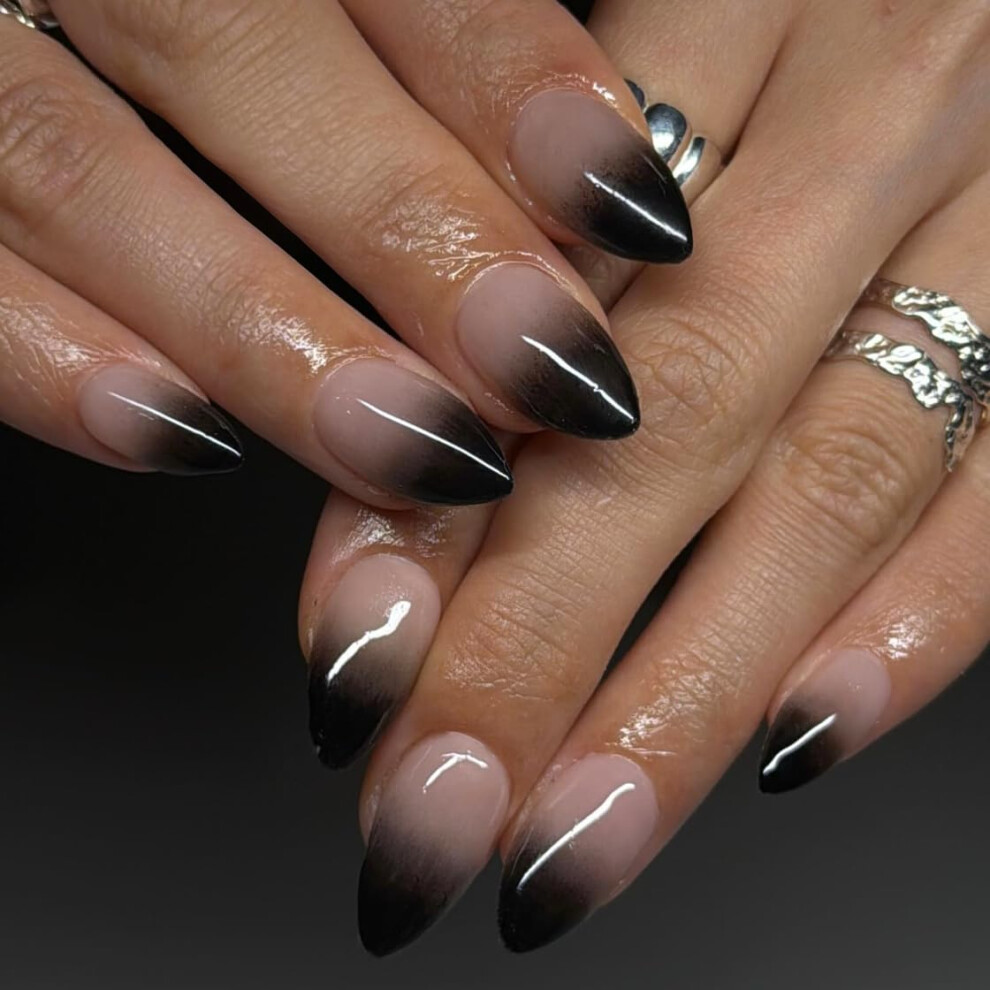 Sxvme Black,Cream Ombre Black Nails Press On, French Press On Nails Short Almond Shaped, Glue On Nails Short Fake Nail, Natural Nude Acrylic False Nail, Glossy Gr