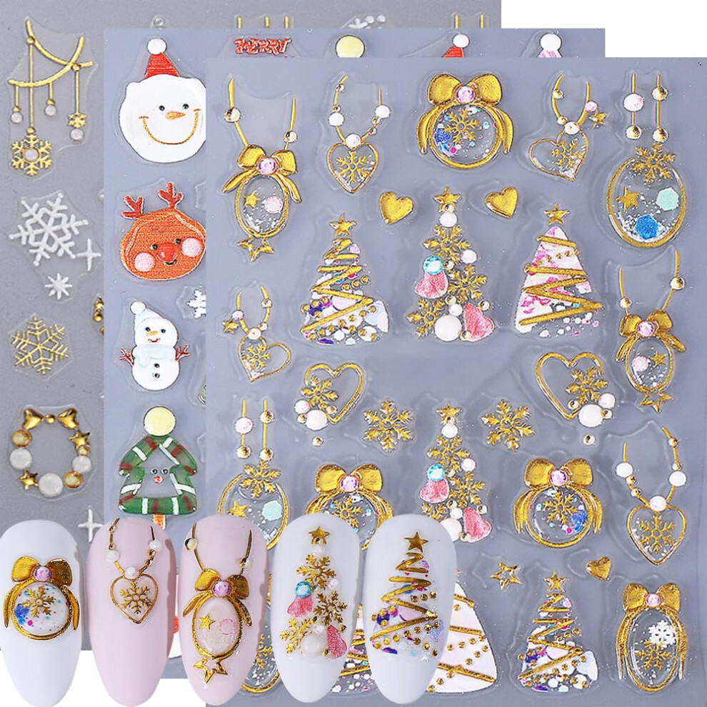 Qdsuh Gold Christmas Nail Stickers, 5D Embossed Snowflake Nail Decals Snowflake Bell Crystal Ball Xmas Tree Reindeer Winter Nail Design Holiday Nail Art Dec