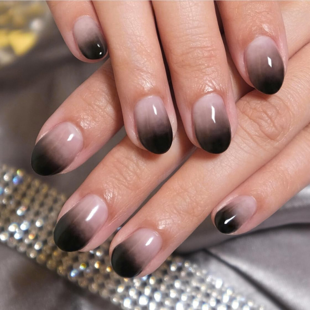 Sxvme Black Ombre Nails Press On, Neon Short Oval Round Press On Nails, French Glue On Nails Short Almond Fake Nail, Gradient Acrylic False Nail, Stic