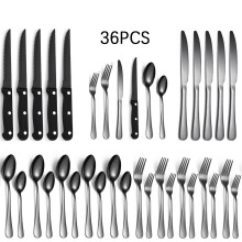 (Black 36-piece set) Bestickset i rostfritt stål med 36 delar för 6 personer, inklusive kniv, gaffel, sked och stekknivar