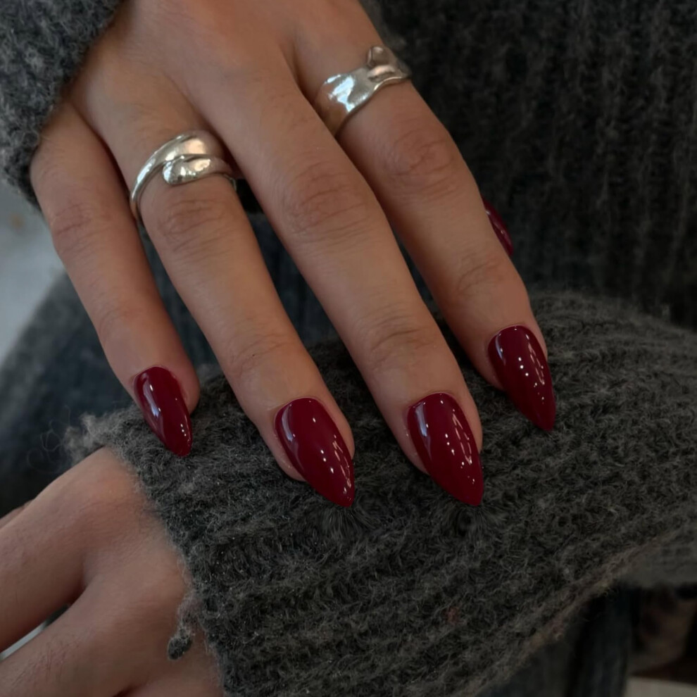 Sxvme Burgundy Nails Press On, Dark Red Press On Nails Short Almond Shaped, Fall Winter Glue On Nails Short Fake Nails, Thick Acrylic False Nails, Glo