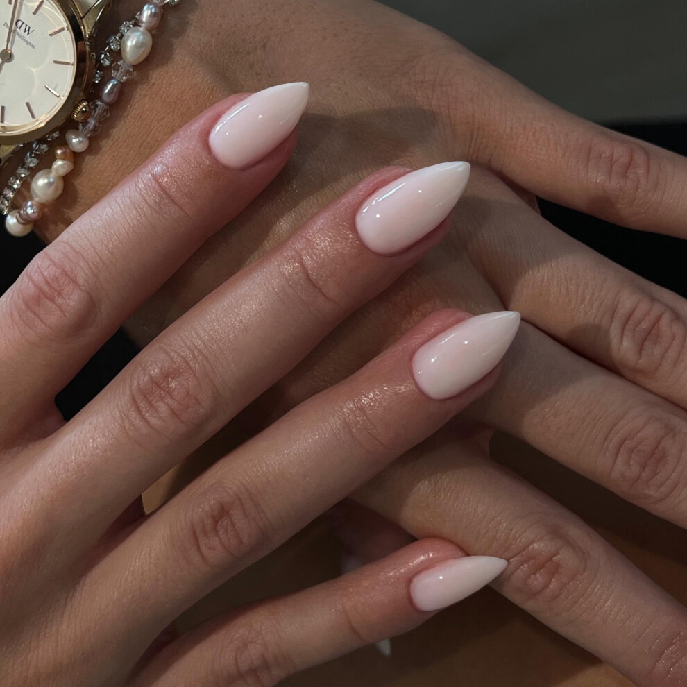 Sxvme White Press On Nails Short Almond Shaped, Nails Press On, Natural Glue On Nails Short Stiletto, Glossy Solid Colored Fake Nails Press Ons,