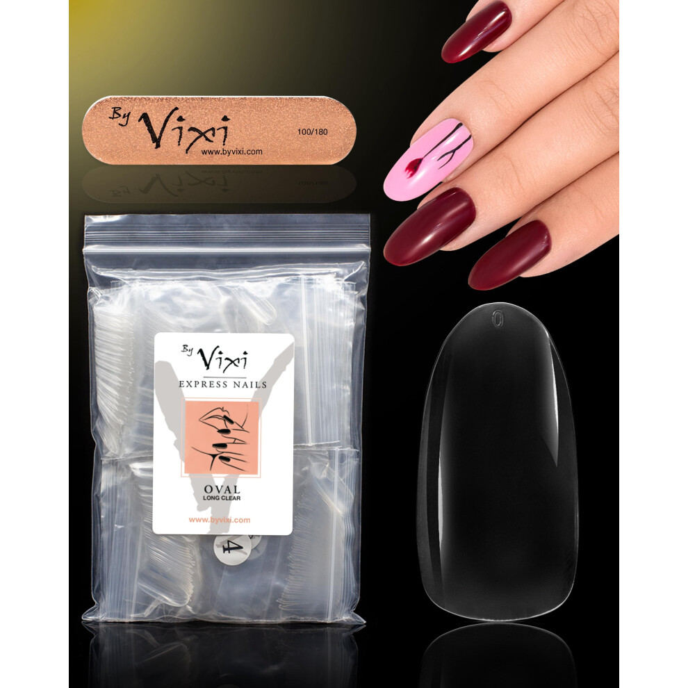 By Vixi 600 Long Oval Nail Set With Prep File, 10 Sizes - Clear Express Full Cover False Fingernail Extensions For Salon Professionals & Home Use