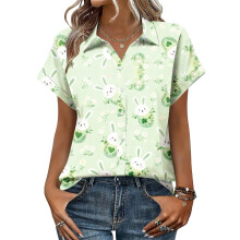 Women's Button-Down Shirts, Short Sleeve, V-Neck,-Mint L