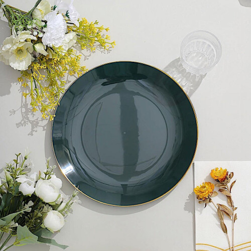 Round Plastic Dinner Plates with Gold Trim, 10-inch, Pack