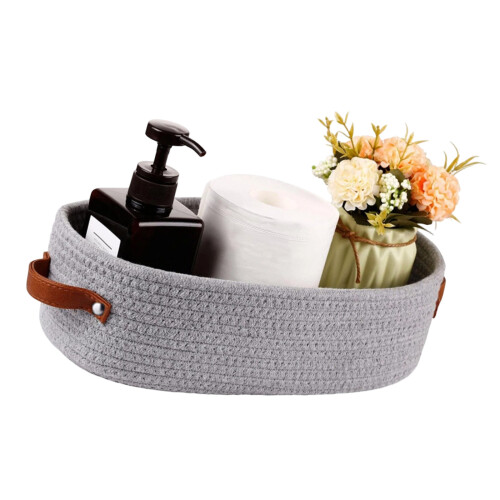 Oval Cotton Rope Storage Basket With Leather Handle For Home-1