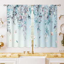 Blue Grey Leaf Kitchen Curtains 27.5x39 in (Pair)