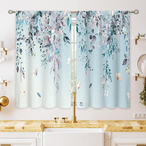 Blue Grey Leaf Kitchen Curtains 27.5x39 in (Pair)