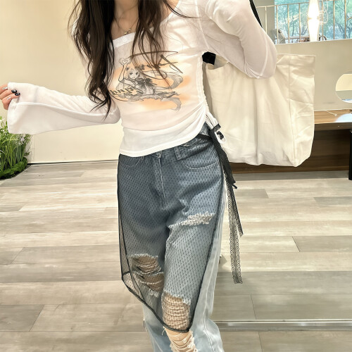 Breathable Polyester Lace Skirt With Adjustable Tie-White dots 2