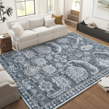 Vintage 6x9 ft Washable Area Rug – Grey, Non-Slip, Low