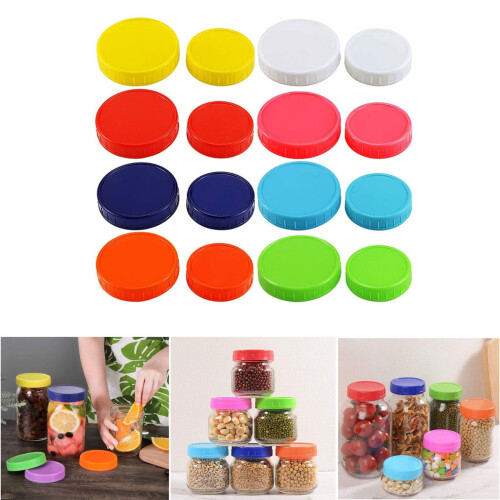 Conjunto de 16 tampas para potes de conserva – 8 de boca regular e 8 de boca larga.