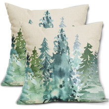 Kussenslopen met blauwe en groene boomprint, 18x18 inch, linnen, 2 stuks