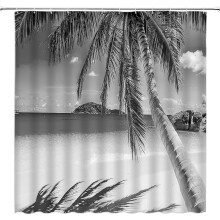 Cortina de ducha Ocean Beach gris con diseño de palmeras tropicales, 72x72 pulgadas.