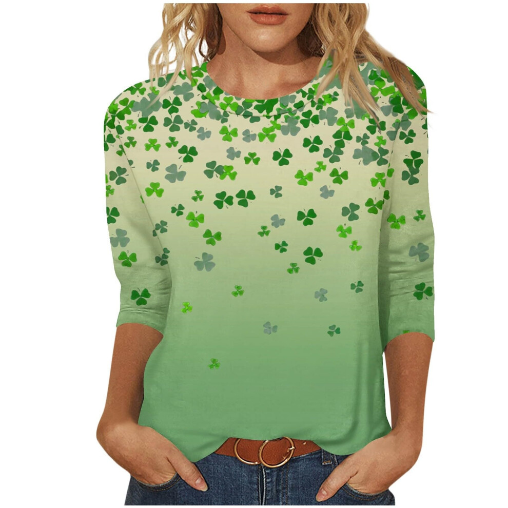 Women  Patricks Day Shirt 3/4 Sleeve Tshirt Blouses-Beige L
