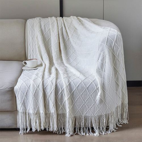 White Knitted Fringed Throw Blanket 180x130cm