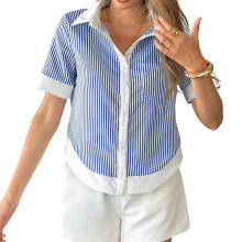 Women's short-sleeved puff sleeve blouse,-dark blue L