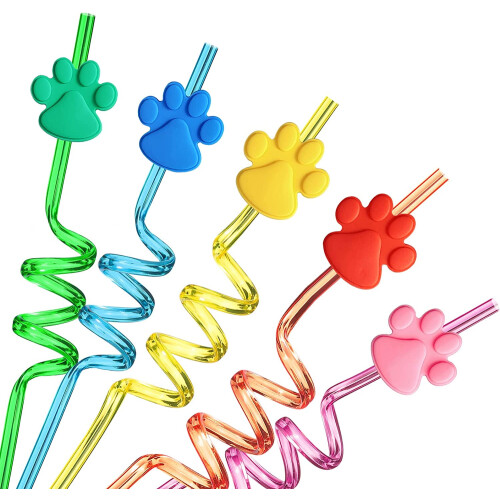 24 Paw Print Curly Drinking Straws – 8 Designs, 2