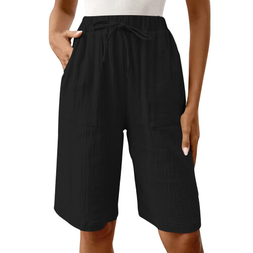 Womens Bermuda Shorts Knee Length Drawstring Elastic-Black XL