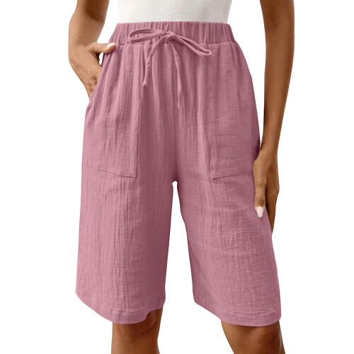 Womens Bermuda Shorts Knee Length Drawstring Elastic-Pink S