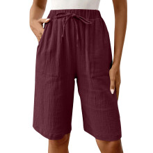 Womens Bermuda Shorts Knee Length Drawstring Elastic-Red XXXL