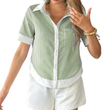 Women's short-sleeved puff sleeve blouse, button-down-Green S