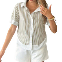 Women's short-sleeved puff sleeve blouse, button-down-Khaki XXL