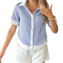 Women's short-sleeved puff sleeve blouse, button-down-Blue L