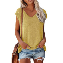 Short Sleeve Shirts for Women Cap Sleeve Basic V Neck -Yellow L
